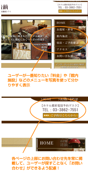 ユーザーが一番知りたい「料金」や「館内施設」などのメニューを写真を使って分かりやすく表示 各ページの上部にお問い合わせ先を常に掲載して、ユーザーが探すことなく「お問い合わせ」ができるよう配慮!